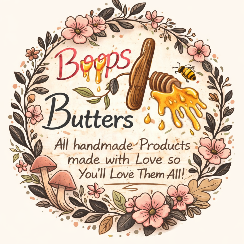 Boops Butters logo with floral and honey elements on a white background