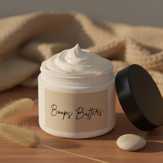 Whipped Body Butter by Boops Butters in a white jar with black lid
