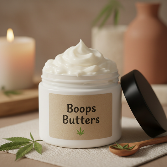 Whipped CBD Body Butter by Boops Butters in a white jar with black lid and hemp leaf