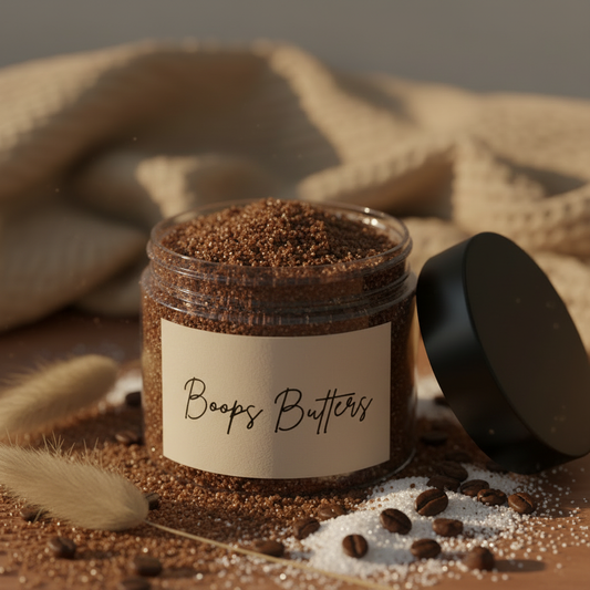 White jar with black lid labeled Boops Butters filled with brown sugar coffee body scrub surrounded by sugar and coffee grounds