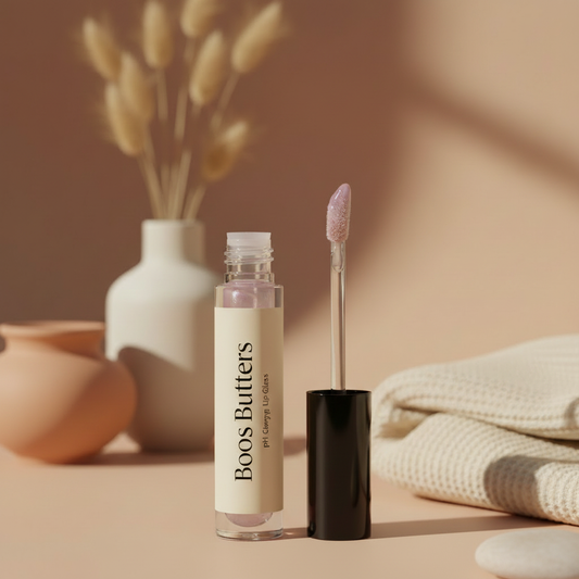 Ph Changing Lip Gloss by Boops Butters with applicator wand and warm earthy background
